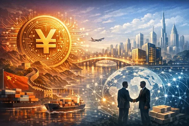Digital illustration of the digital yuan symbol connected to global financial network nodes representing China's cross-border payment infrastructure