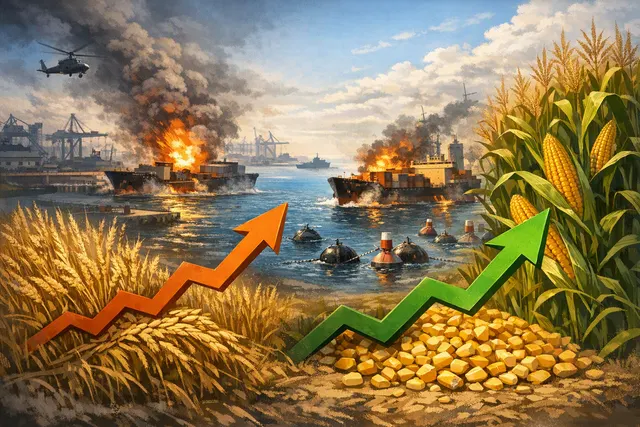 How did escalating Russia Ukraine military strikes and navigation restrictions on Black Sea port infrastructure drive wheat and corn futures