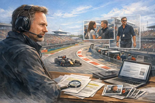 AI-generated editorial hero image of Christian Horner at the 2026 British Grand Prix paddock