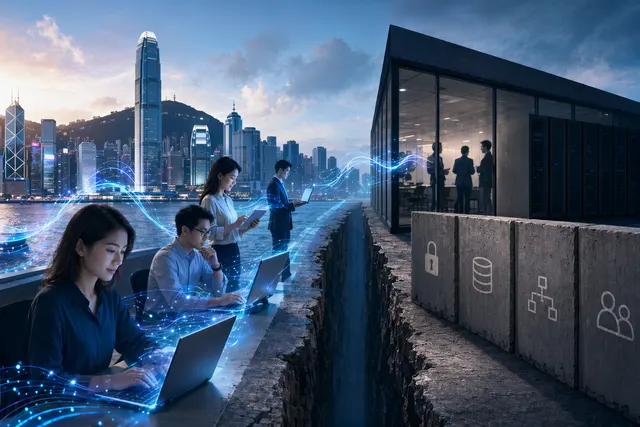 香港城市天際線與 AI 數據介面，象徵員工使用與企業準備度落差