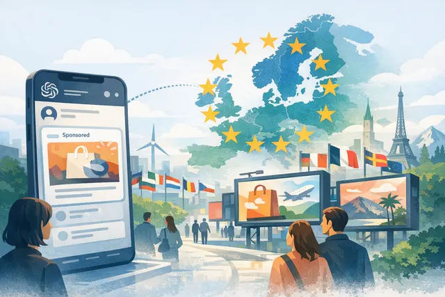 Abstract editorial illustration of ChatGPT advertising expanding across Europe
