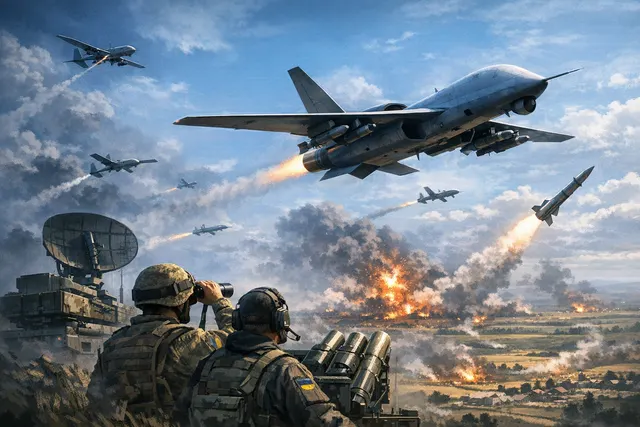 Jet-powered Geran-4 and Geran-5 attack drones flying at high speed over a darkened Ukrainian landscape, illustrating the new air defense challenge