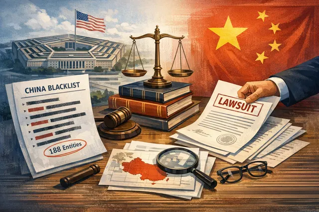 AI-generated illustration representing Alibaba's legal challenge against the Pentagon's 'Chinese military company' designation