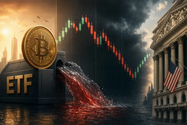 Editorial illustration representing money flowing out of U.S. spot bitcoin ETFs