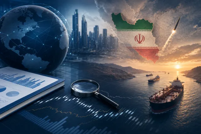 Illustration of global financial markets reacting to geopolitical tension in the Strait of Hormuz and rising oil prices