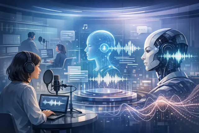 Abstract illustration of Alibaba’s CosyVoice Studio connecting speech recognition, audio creation, and real-time voice agents