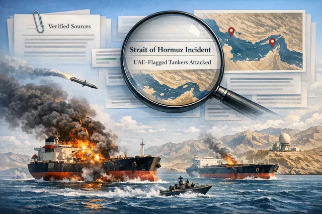 Aerial view of the Strait of Hormuz with a large oil tanker at center, dark smoke clouds above, surrounded by calm sea and distant shoreline
