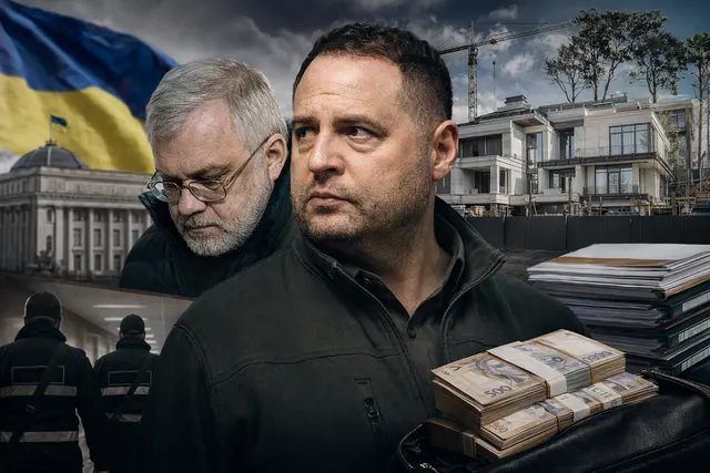 Editorial illustration of Ukraine’s Operation Midas probe linking Energoatom, Andriy Yermak and luxury real estate allegations