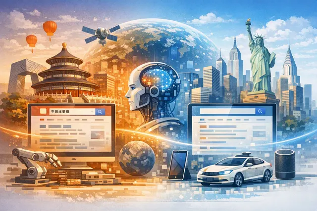 Editorial illustration of Baidu’s search, artificial intelligence, cloud computing and Apollo Go robotaxi businesses
