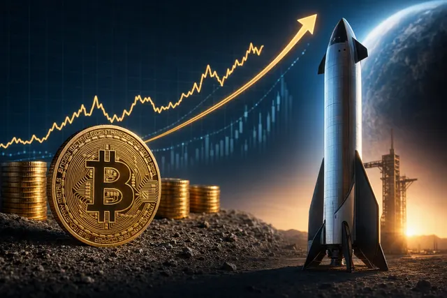 Editorial illustration of Bitcoin price movement and SpaceX’s cryptocurrency holdings