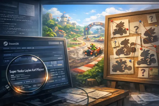 Stylized artwork blending elements from the leaked Super Yooka-Laylee Kart key visual with chaotic racing game imagery, featuring colorful vehicles, tracks, and the silhouette of Y
