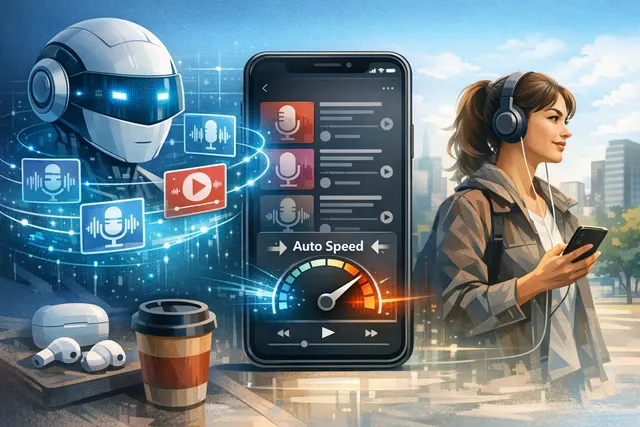 Illustration of a smartphone showing YouTube's new on-the-go podcast interface with simplified playback controls, representing the AI-powered podcast features announced for YouTube