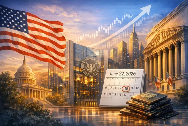 Illustration of SK Hynix semiconductor chips emerging from a factory floor overlaid with a US stock ticker, symbolizing the company's planned US stock listing.