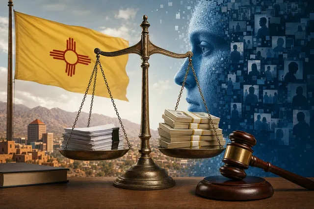 Illustration representing New Mexico’s consumer-protection case against Meta over Facebook user privacy