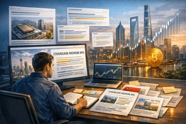 Abstract visual representing Hyperliquid pre-IPO perpetual trading for CXMT, showing a futuristic crypto trading interface with stock chart lines and a Shanghai skyline silhouette.