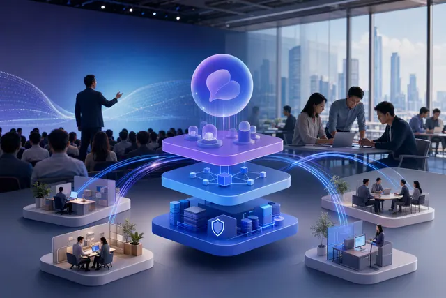 Illustration representing ByteDance’s integrated enterprise AI workplace with Doubao, Feishu and Volcengine