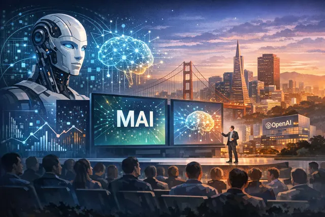 Conceptual illustration of the Microsoft logo evolving into an AI brain with coding binary and data streams, signaling a shift to proprietary models at Build 2026