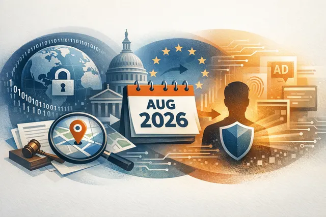 Conceptual illustration of data privacy, compliance, and advertising technology regulation, showing a human silhouette, digital screens, and a blue shield representing data protect
