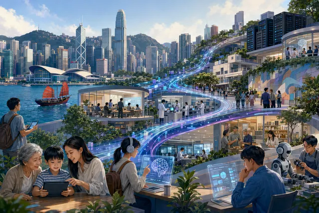 Illustration representing AI adoption across Hong Kong society including businesses, citizens, and technology infrastructure