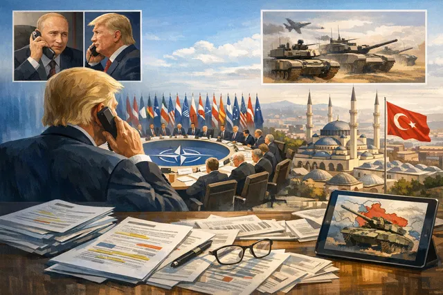 A diplomatic scene representing the 2026 NATO summit in Ankara, with national flags and conference tables.