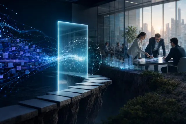 Abstract editorial illustration of enterprise AI deployment across a corporate organization