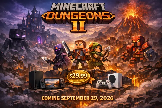 Promotional-style image teasing the leaked release of Minecraft Dungeons II with its September 2026 launch date and price point.