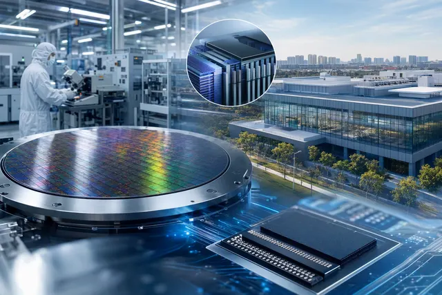 Illustration of semiconductor memory chips and a Beijing research-fab setting representing CXMT’s reported NAND flash R&D plan