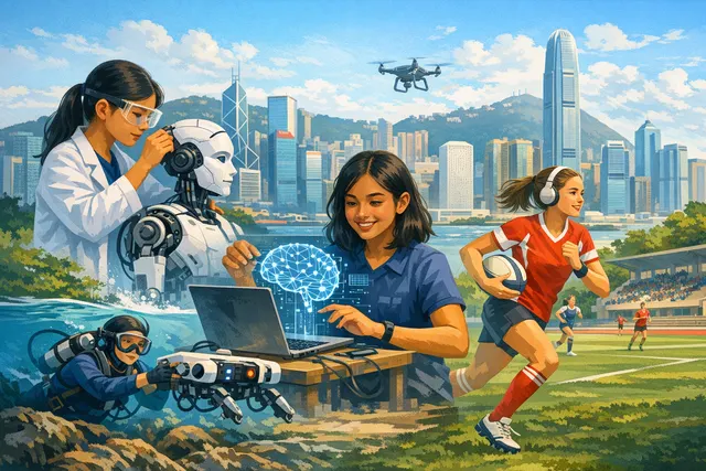 A young girl in a Hong Kong international school classroom building a robotic device during a hands-on STEM workshop