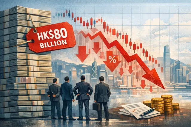 Editorial illustration of Alibaba’s AI investment and Hong Kong share placement weighing on its stock price