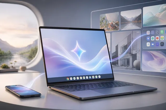 Editorial illustration of a Gemini-powered Googlebook laptop connected to Android and ChromeOS-style interface elements