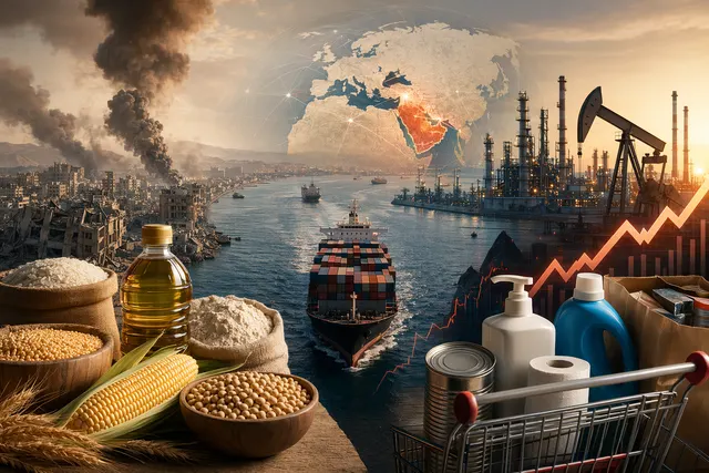 Illustration of grocery prices, cargo ships and oil barrels representing global price pressure from Middle East conflict