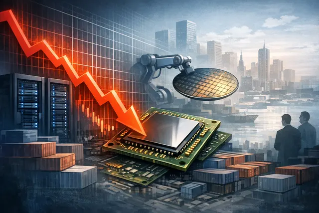 Abstract visualization of a global memory chip crisis with a computer chip at the center and rising financial risk indicators around it