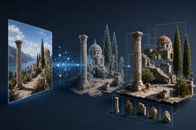 Illustration of an AI-generated editable 3D room scene assembled from separate objects