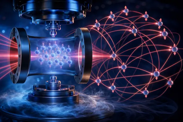 Editorial illustration of ultracold atomic condensates interacting through light inside an optical cavity