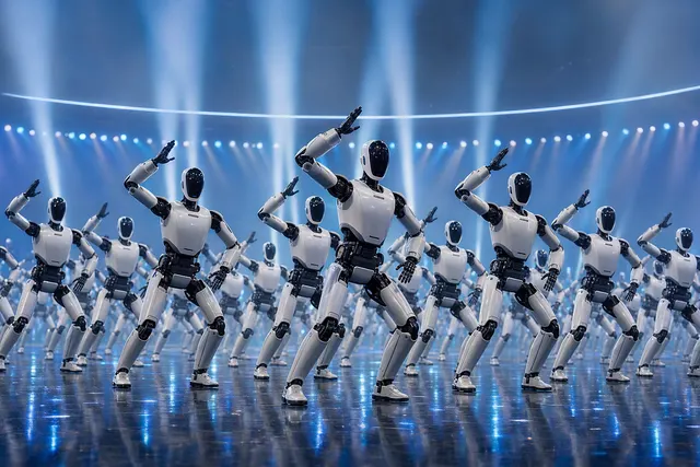 AI-generated illustration of humanoid robots performing a synchronized group dance