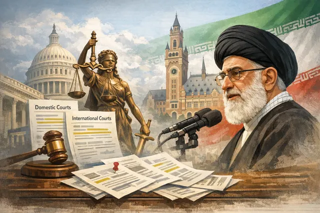 Editorial illustration representing Iran's Supreme Leader issuing a legal directive against US and Israeli leaders for alleged war crimes