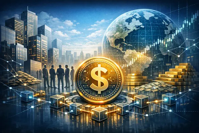 Illustration of global financial institutions forming a consortium to launch a US dollar stablecoin on public blockchains