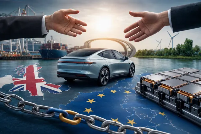 Electric vehicle at a European border crossing, illustrating EU–UK post-Brexit battery trade rules
