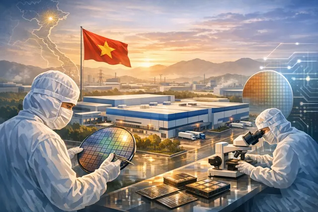 Close-up of a silicon wafer on a cleanroom testing machine, representing Samsung's new $1.5 billion semiconductor testing plant investment in Vietnam.