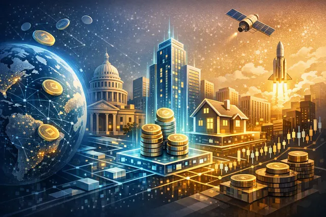 Illustration of blockchain networks connecting tokenized stocks and real-world assets to global investors