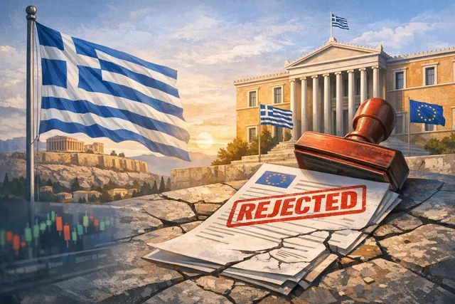 Illustration of Binance's EU regulatory predicament, showing a stylized European Union map with a Greek flag and a pending license verdict