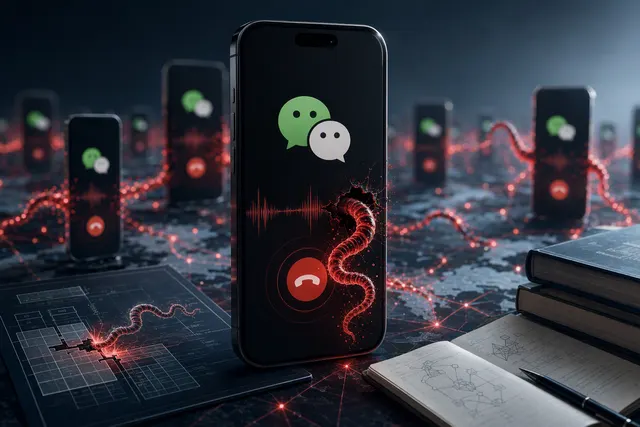 Editorial illustration of a smartphone security threat involving WeChat calls and a self-propagating worm