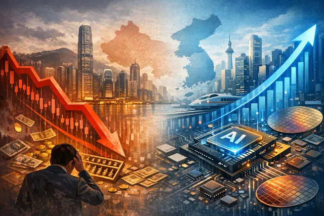 A visual representing the divergence of Asian stock markets, with a declining chart for Hong Kong on one side and a surging upward trendline for South Korea and Taiwan on the other
