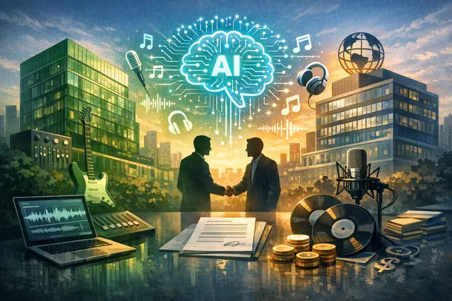 Illustration of the Spotify logo and Universal Music Group logo coming together with digital AI music waveforms, representing their licensing deal for AI-generated music.