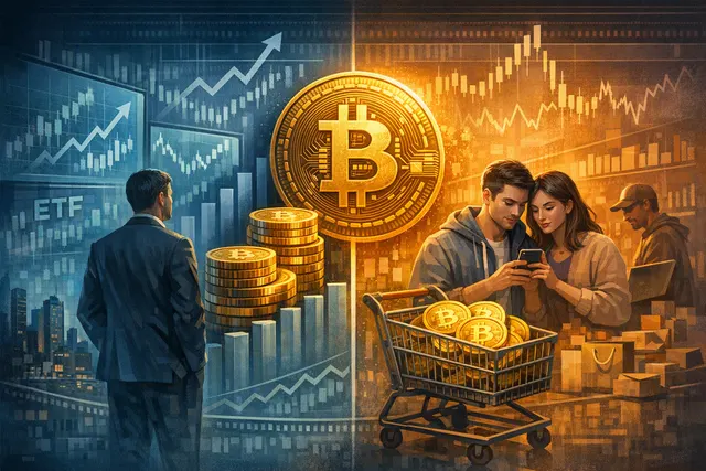 Illustration of Bitcoin whale accumulation contrasting with retail selling