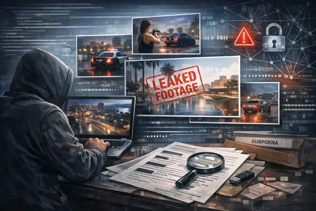 Editorial illustration representing the CyberLeek GTA VI leak controversy, with a shadowed game-development screen and Miami-inspired city lights