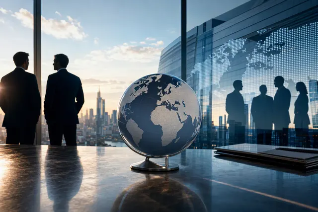 Editorial illustration representing JPMorgan’s international technology investment banking leadership changes