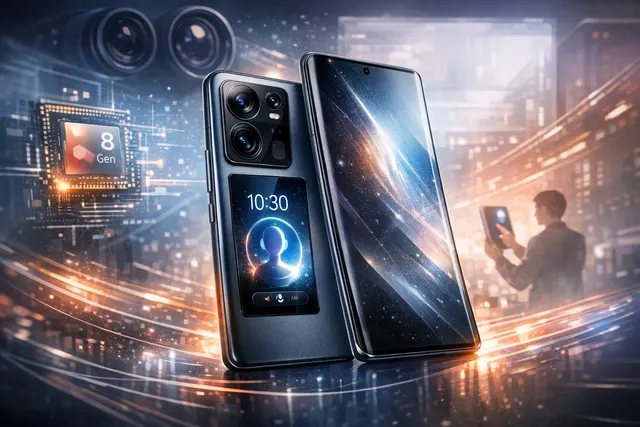 Concept render of the Xiaomi 18 Pro showing a large rear display and triple camera setup.