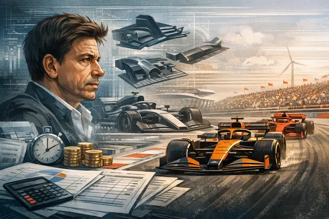 Editorial illustration of Toto Wolff, Mercedes, McLaren and Formula 1 development upgrades after the 2026 Dutch Grand Prix