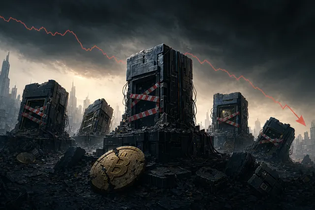 Crypto market downturn illustration showing companies shutting down during a bear market